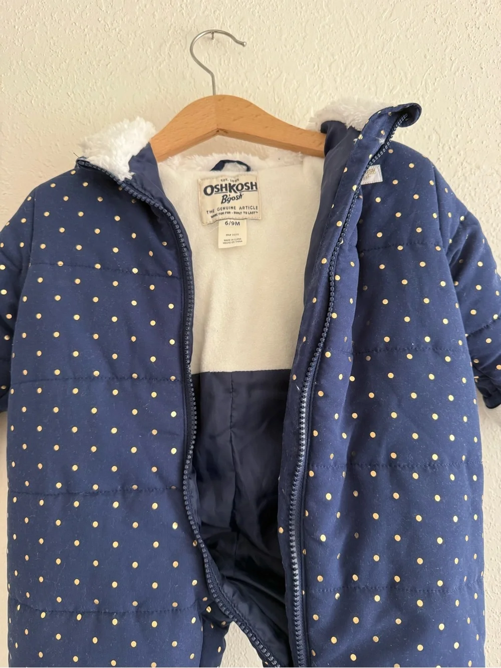 OshKosh B'gosh Navy Quilted snowsuit with Gold Dots